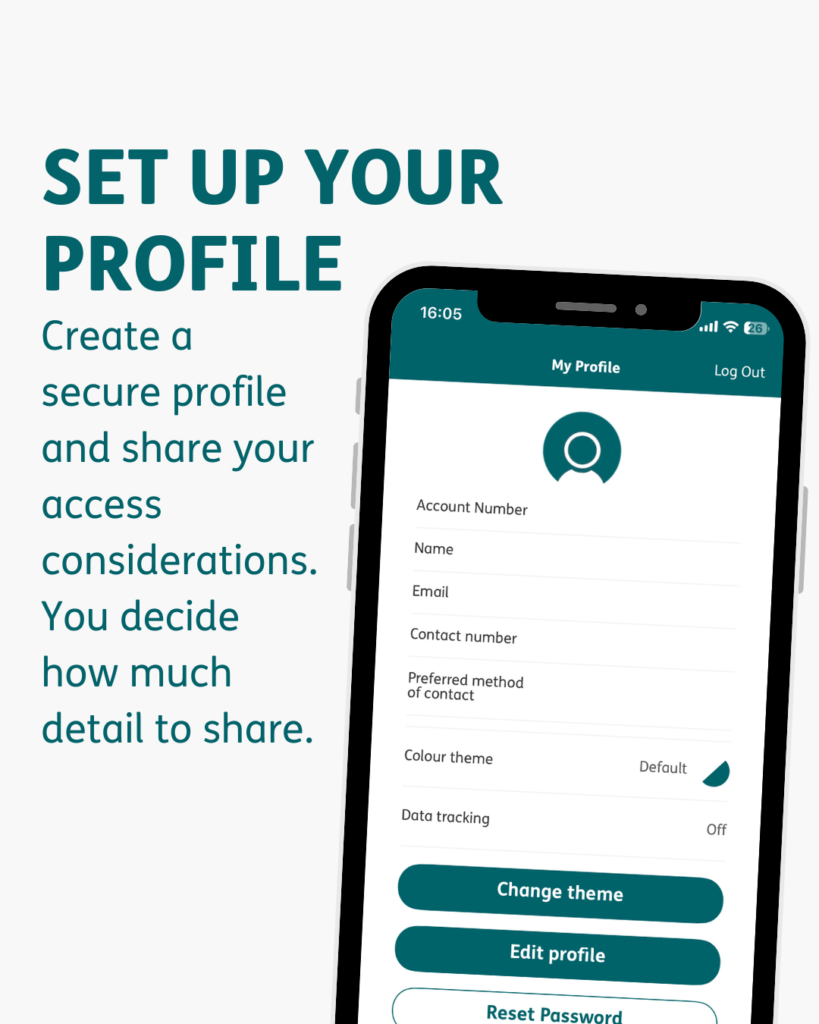 Copy reads: "Set up your profile." This is in all capital letters. 
Then "Create a secure profile and share your access considerations. You decide how much detail to share. There is a photo of the app inside a phone screen on the profile page.