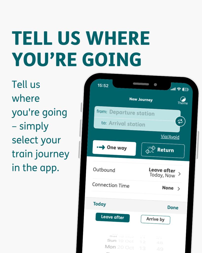 "tell us where you're going" in all caps. "Tell us where you're going - simple select your train journey in the app" with an image of the "new journey" page in the app. 