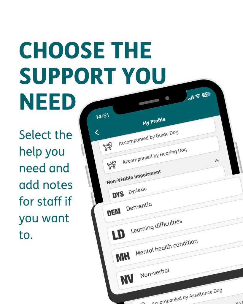 "Choose the support you need" in all capital letters. "Select the help you need and add notes for staff if you want to" written with the "My Profile" section showing various impairments you can select including Accompanied by Guide Dog, Dementia, Learning Difficulties, Mental health condition and non verbal"