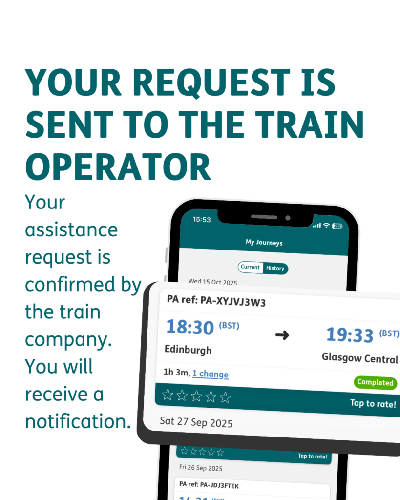 "Your request is sent to the train operator" written in capital letters. "Your assistance request is confirmed by the train company. You will receive a notification 